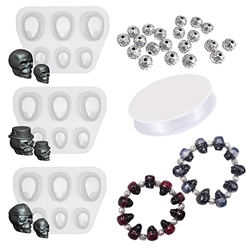 NA Yayatty Perlen Schmuck Silikonform Gießform Resin Form Set, 3 Stück Schädel Resin Silikonformn mit Schnur, Zubehör für Armband, Edelstein Cabochon Schmuckguss von Lulizzie