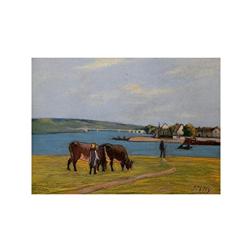 Luluart Berühmte Gemälde Druck auf Leinwand,Alfred Sisley Cows by the Seine at Saint Mammes Giclée Leinwanddrucke,Poster Reproduktionen,Leinwand Wandkunst Bilder für Wanddekoration 60x85cm Rahmenlos von Luluart