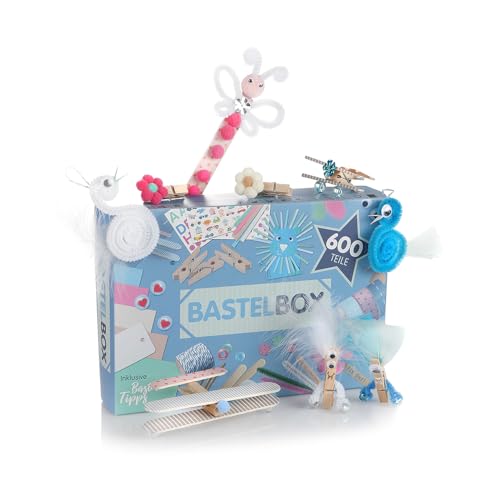 Lulubug Bastelset Kinder, 600 Teile + Bastelanleitung | Tonkarton, Washi Tape, Pfeifenreiniger, Eisstiele, Wackelaugen, PomPons, Lesezeichen, Sticker, Bastelstreifen, Pailletten uvm | Blue Sky von Lulubug