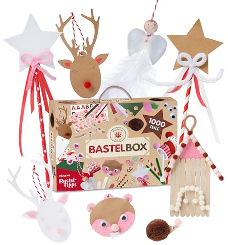 Lulubug Bastelset Weihnachten Kinder- 1000 Teile | Bastelbox XL mit Tragegriff inkl Bastelanleitungen | Pompons, Washi Tape, Sticker, Wackelaugen uvm von Lulubug