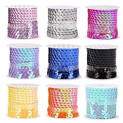 Lulullaby 9 Rollen Pailletten Band 6mm Flache Glitzerband Borten, 4.5m Paillettenband, Bunte Pailletten Bänder, Paillettenrolle für Nähen, Schmuck Machen, Basteln, Kleid Dekorieren von Lulullaby