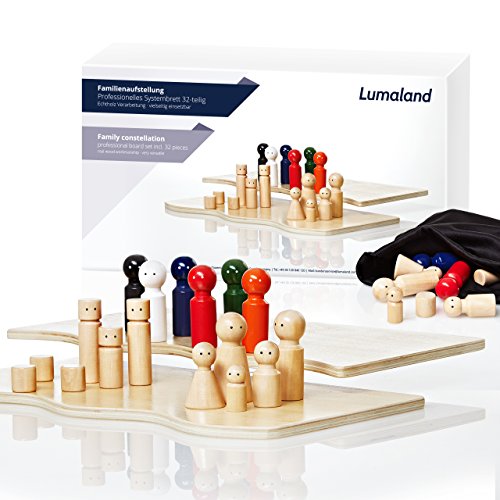 Lumaland Familienbrett für Aufstellungen mit 30 Holzfiguren | Systemisches Coaching durch unterschiedliche Farben, Größen und Formen der Figuren | Ideal für Familienaufstellungen etc. von Lumaland