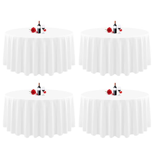 4er-Pack runde Tischdecken, 229 cm, weiße runde Tischdecke, knitterfrei, waschbar, weiße Tischdecken, Polyester-Gewebe-Tischdecke für Hochzeit, Party, Restaurant, Buffettisch von Lumaycens