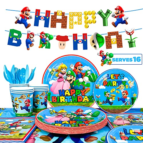 Super Mario Partyzubehör Geschirr-128-teiliges Super Mario Partygeschirr-Set, Mario Partyteller, Becher, Servietten, Tischdecke, Banner usw., Mario-Party-Dekorationen für Kinder, Jungen, Mädchen, von Lumcrajems
