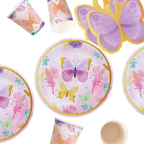 LumeeStar Schmetterling Party Set für Kindergeburtstag – Vollständiges Set für 8 Gäste – Beinhaltet Pappteller, Becher und Servietten für einen zauberhaften Schmetterling Geburtstag von LumeeStar