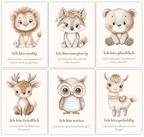 Kinderzimmer Wandbilder Set, Affirmationsposter, 6er Set DIN A4 (21x29,7cm), Tiermotive, Motivationssprüche für Selbstbewusstsein, Kinderzimmer Dekoration, Babyzimmer Deko, Unisex, OHNE RAHMEN, (SK) von Lumiloup