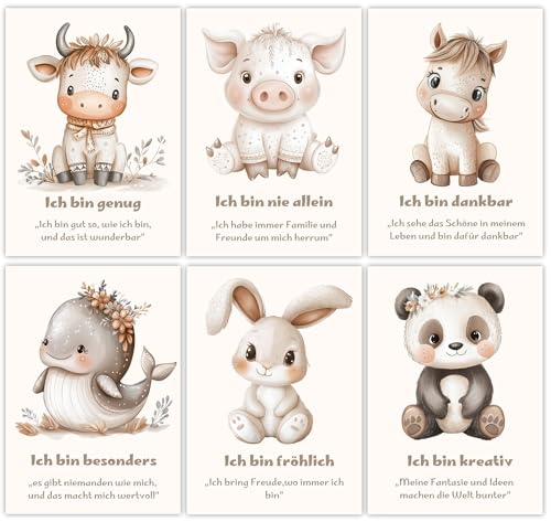 Kinderzimmer Wandbilder Set, Affirmationsposter, 6er Set DIN A4 (21x29,7cm), Tiermotive, Motivationssprüche für Selbstbewusstsein, Kinderzimmer Dekoration, Babyzimmer Deko, Unisex, OHNE RAHMEN, (SK2) von Lumiloup