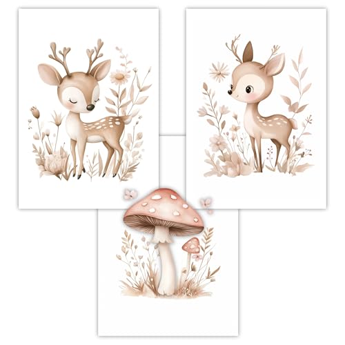 Lumiloup Kinderzimmer Wandbilder, Waldtiere, 3er Set DIN A4 Poster (21x30cm), Süße Rehe und Fliegenpilz, Beige und Rosa Aquarell Kunst, Babyzimmer Deko, Kinderzimmer Deko, für Mädchen, OHNE RAHMEN von Lumiloup