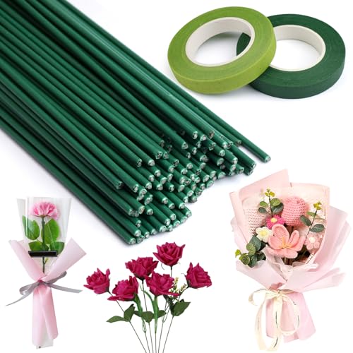 100 Stück Blumendraht Floristikdraht mit 2 Rollen Blumenverpackungsband,30cm/11.81 in Blumenstamm Draht Grün,Blumendraht zum Basteln,Floristenband und draht,für Handarbeiten,Blumenherstellungszubehör von LuminaryLair