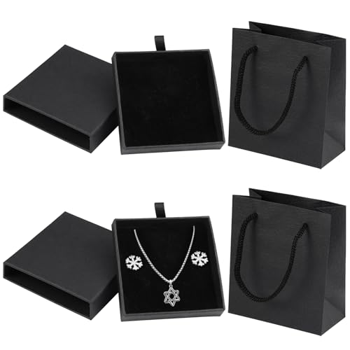 2 Stück Klein Schmuck Verpackung Schmuckdose, 6.7 × 6.7 × 1.1cm Schmuckbox Schachtel Schwarz, Schmuck Geschenkbox Klein mit 2 Stück Geschenktasche, Geschenkbox Aufbewahrungsbox Schmuckschatulle von LuminaryLair