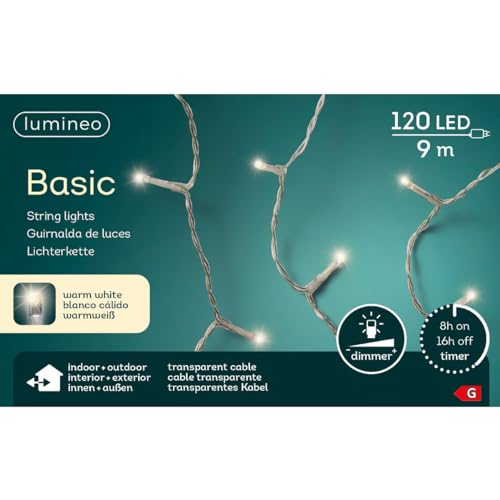 Lumineo Lichterkette Basic warm weiß - 120 LED's - 9 Meter - transparentes Kabel - Indoor & Outdoor - Timer - dimmbar - IP44 von Lumineo