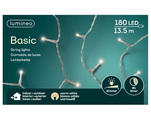 Lumineo Lichterkette Basic warm weiß -180 LED's - 13,5 Meter - transparentes Kabel - Indoor & Outdoor - Timer - dimmbar - IP44 von Lumineo