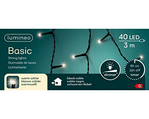 Lumineo Lichterkette Basic warm weiß - 40 LEDs - 3 Meter - schwarzes Kabel - Timer - dimmbar - IP44 Schutz von Lumineo