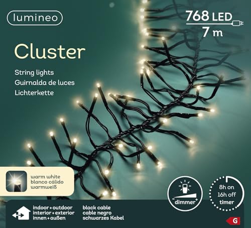 Lumineo Lichterkette Cluster 768 LED 7 m warm weiß, schwarzes Kabel, Timer, dimmbar von Lumineo