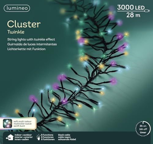 Lumineo Lichterkette Cluster Bunt - 3000 LEDs - 28 Meter - schwarzes Kabel - Indoor & Outdoor - Timer - dimmbar - IP44 Schutz - 8 verschiedene Lichtfunktionen von Lumineo