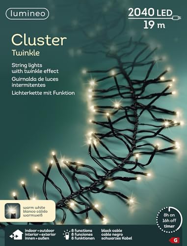 Lumineo Lichterkette Cluster Twinkle warm weiß - 2040 LEDs - 19 Meter - schwarzes Kabel - Indoor & Outdoor - Timer - IP44 Schutz - 8 verschiedene Lichtfunktionen von Lumineo