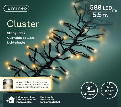 Lumineo Lichterkette Cluster warm weiß/klassisch warm - 588 LEDs - 5,5 Meter - schwarzes Kabel - Indoor & Outdoor - Timer - 5 Stufen Dimmer - IP44Schutz von Lumineo