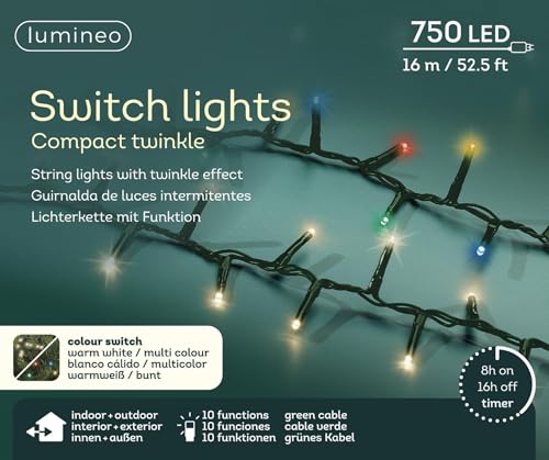 Lumineo Lichterkette Switch Light Compact Twinkle warm weiß/bunt - 750 LEDs - 16 Meter - grünes Kabel - Indoor & Outdoor - Timer - IP44 Schutz - 10 verschiedene Lichtfunktionen von Lumineo