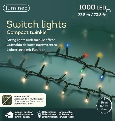 Lumineo Lichterkette Switch Lights Compact Twinkle warm weiß/bunt - 1000 LEDs - 22,5 Meter - grünes Kabel - Indoor & Outdoor - Timer - IP44 Schutz - 10 verschiedene Lichtfunktionen von Lumineo