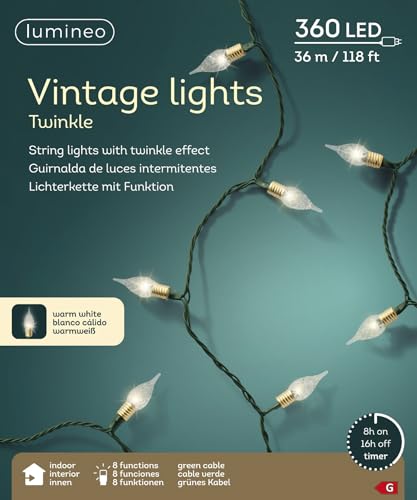 Lumineo Lichterkette Vintage Lights Twinkle warm weiß - 360 LEDs - 35,9 Meter - grünes Kabel - Indoor - Timer - 8 verschiedene Lichtfunktionen von Lumineo