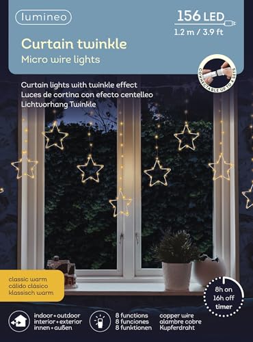 Lumineo Stern-Lichtervorhang Twinkle klassisch warm - 156 LEDs - 1,2 Meter - Indoor & Outdoor - Timer - IP44 Schutz - 8 verschiedene Lichtfunktionen von Lumineo