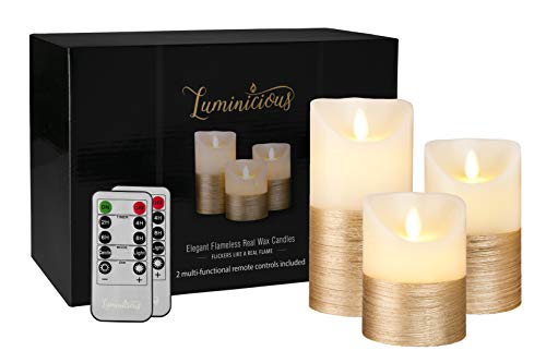 luminicious Flammenlose duftlos LED Flamme Elfenbein mit Gold. Elektrische batteriebetrieben, Fernbedienung & Timer | echtem Wachs Stumpenkerzen Set von 3 (10,2 cm 12,7 cm 15,2 cm) Perfekte Geschenk von Luminicious