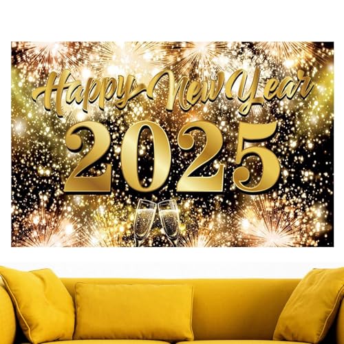 Foto-Requisiten für das neue Jahr, 2025 Happy New Year Hintergrund, 180 x 109 cm, Fotoautomaten, Feuerwerk, Silvester, Party-Dekoration, Neujahrs-Fotohintergrund, elegante, nicht verblassende Banner von Lumiscent