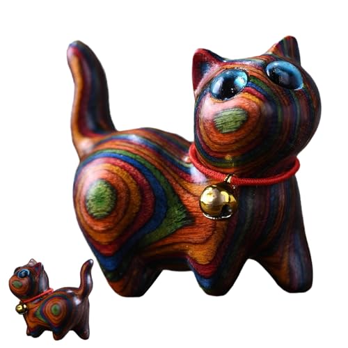 Holzkatzen-Ornamente, geschnitzte Katze, Holzfiguren, Regenbogen-Katzenornament, Heimdekoration, Skulptur für Bücherregal, Schlafzimmer, Wohnzimmertisch, niedliche Katzenstatue von Lumiscent