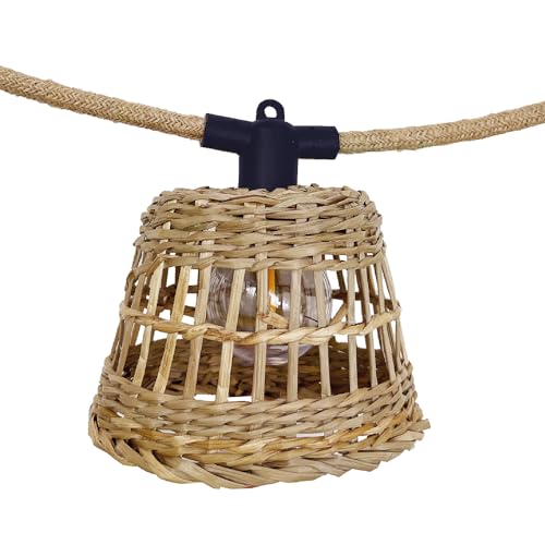 SAMOA LIGHT HYBRID LED-Lichterkette für den Außenbereich, anschließbar, 10 natürliche Rattan-Lampenschirme, warmweiß, 8 m, solarbetrieben und auf Netzstrom von Lumisky