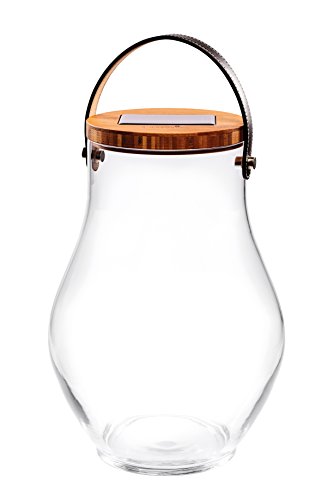 Lumix® LED Deco Glass Bold Solarlicht Dekoleuchte Sonnenglas Solarlampe mit Bambusdeckel Mundgeblasenes Glas Dekoration Warmweiß inkl. USB-Port Leder Trageriemen In & Outdoor 22520 von Lumix