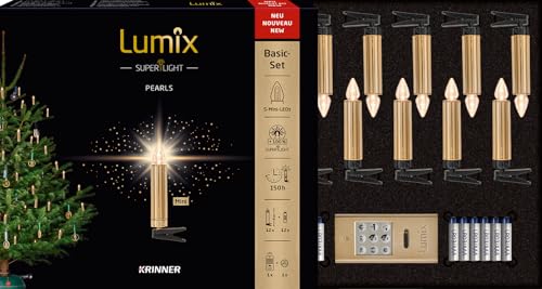 Lumix® SuperLight Pearls Mini von KRINNER kabellose LED Christbaumkerzen Weihnachtsbaumkerzen 12er Basis-Set Gold glänzend 9cm warmweiß inkl. Fernbedienung 78128 von Lumix