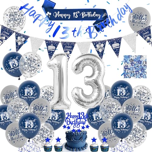 13 Geburtstag Blau Silber Geburtstagsdeko - 13. Geburtstag Jungen Deko Set Enthält Happy Birthday Banner, Wimpel, Schärpe, Konfetti, Tortendekoration und Luftballons, für 13. Geburtstagsparty Zubehör von LumoFun