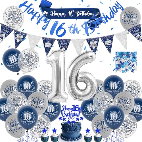 16 Geburtstag Blau Silber Geburtstagsdeko - 16. Geburtstag Jungen Deko Set Enthält Happy Birthday Banner, Konfetti, Schärpe, Wimpel, Tortendekoration und Luftballons, für 16. Geburtstagsparty Zubehör von LumoFun
