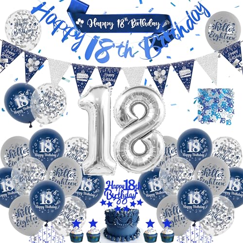 Deko 18. Geburtstag Junge - Blau Silber 18. Geburtstagsdeko Set Enthält Happy Birthday Banner, Konfetti, Tortendekoration, Wimpel, Schärpe und Luftballons, für 18. Geburtstagsparty Zubehör von LumoFun
