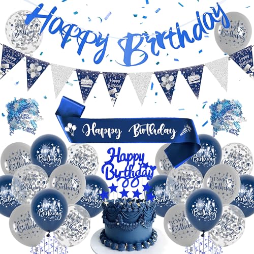 Blau Silber Geburtstagsdeko - Geburtstag Deko Set Enthält Happy Birthday Banner, Wimpel, Schärpe, Konfetti, Tortendekoration und Luftballons, für Geburtstagsparty Zubehör von LumoFun