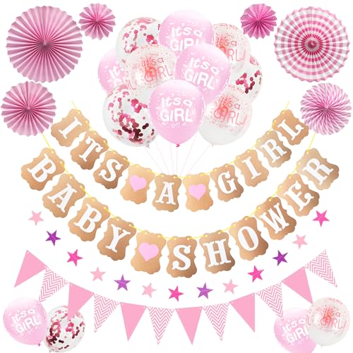 Babyparty Deko MäDchen Its A Girl - Rosa Babyshowerparty Deko MäDchen EnthäLt Pull Flag Banner Wimpel Papierfächer, Latexballons für Mädchen Kinder Babyparty Baby Shower Deko Girl von LumoFun