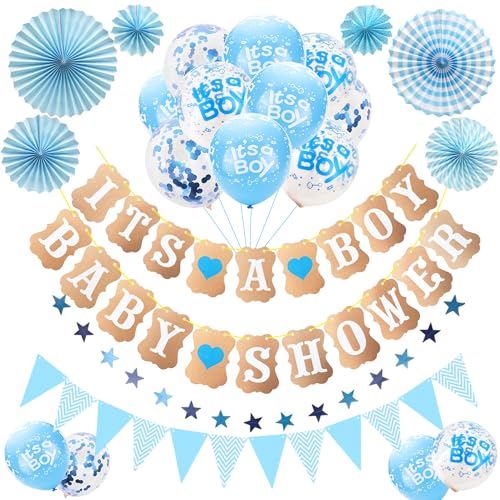 Babyparty Deko Junge Its A Boy - Blau Babyshowerparty Deko Junge Enthält Pull Flag Banner Wimpel Papierfächer und Latexballons für Kinder Jungen Babyparty Geburtstags Dekoration Baby Shower Deko Boy von LumoFun