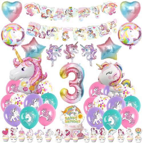 Einhorn Deko Kindergeburtstag 3 Jahre - Einhorn Party Deko Set Beinhaltet Banner Einhorn Tortendeko Latexballons Einhorn Luftballon Sternballons für 3 Jahre Mädchen Geburtstag Party von LumoFun