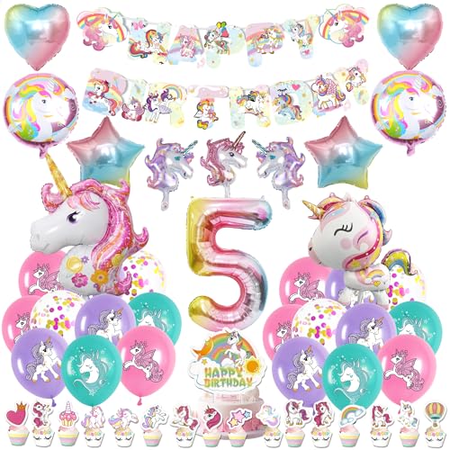 Einhorn Deko Kindergeburtstag 5 Jahre - Einhorn Party Deko Inklusive Banner Einhorn Tortendeko Latex-Ballon Einhorn Luftballon für Mädchen 5. Geburtstag von LumoFun