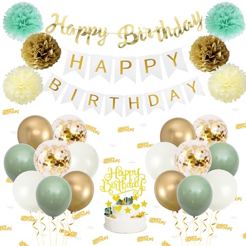 Geburtstagsdeko Happy Birthday Deko Grün - Geburtstagsdeko Grün Gold Inklusive Geburtstagsfahne Ziehfahne Cupcake Topper Latexballon für Junge Frauen Geburtstag Party Deko von LumoFun