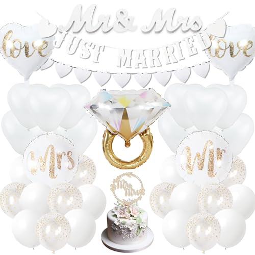 Hochzeitsdeko Just Married Banner Set - Hochzeit Deko Banner Mr & Mrs Kuchen Holzornamente Girlande Runder Liebes Diamant Ring Folienballon, für Weiß Hochzeit Party-Dekoration Standesamt Deko von LumoFun