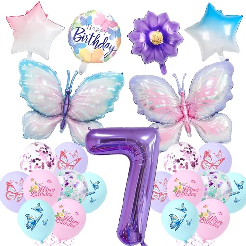 Schmetterling Deko Geburtstag 7 Jahre - Schmetterling Luftballon Blumenballons, Sternballons, Runde Ballons und Latexballons für Geburtstag 7 Jahre Mädchen von LumoFun