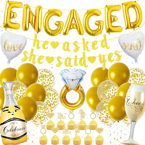 Verlobung Deko Engaged Gold Luftballons – Verlobungs Dekoration Party Set Enthält Banner Kuchendekoration Ballons für Verlobung Hochzeits von LumoFun