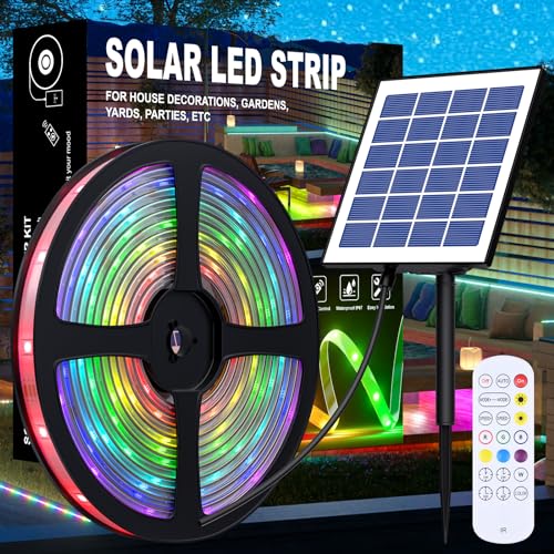 Lumtang RGBIC Bluetooth Solar LED Streifen Außen, 5m SMD 5050 LED Leuchten Solarbetriebener Regenbogenlichter Farbwechsel LED strip, IP67 Wasserdichte Dekorative Lichterkette für Yard Trees Garden von Lumtang