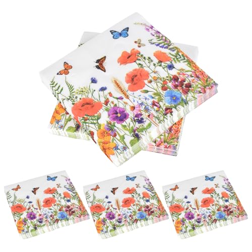 100 Stück Papierservietten mit Blumen 33x33cm,Servietten Blumenwiese Schmetterlinge,Schmetterlinge Servietten Blumenmuster,Servietten Blumenmuster für Frühling Partys Hochzeiten Feiern von Lunaanda