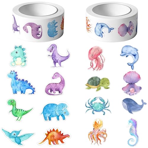 LunarCharm 1000 Stück runde Dino-Aufkleber und Meerestier Aufkleber, 2 Rollen, Dinosaurier-Sticker, Ozean Stickers, Belohnungssticker, runde Aufkleber, Sticker für Kinder von LunarCharm