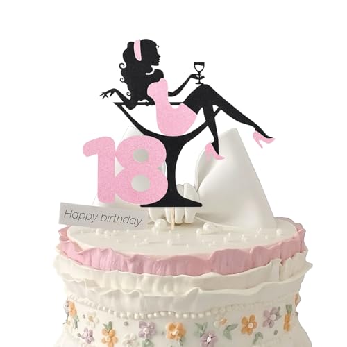 LunarCharm 18th Geburtstag Cake Topper, Rotweinglas Mädchen Tortendeko, Glitter High Heel Mädchen Kuchen Deko für Mädchen Lady Bachelorette Thema Geburtstag Party von LunarCharm