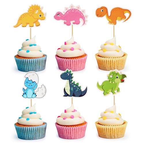 LunarCharm 24 Stück Dinosaurier Cupcake Topper Dino deko für Dino Thema Baby Dusche Kinder Geburtstag Party Dekoration Dino Kuchen deko von LunarCharm