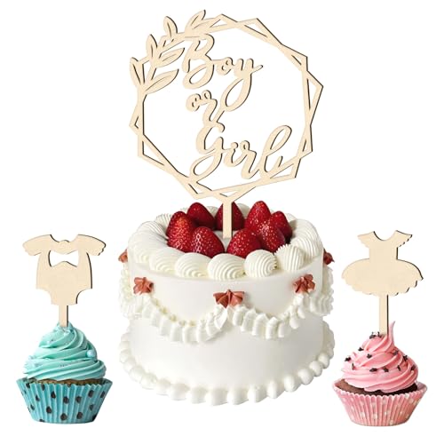 LunarCharm 3 Stück Gender Reveal Cake Topper Holz, Gender Reveal Party Deko, Baby Party Dekoration, Boy or Girl Gender Reveal Party Kuchen Torten Dekoration von LunarCharm