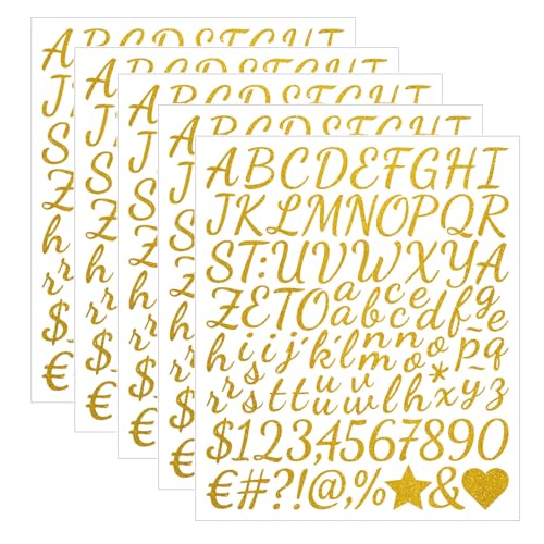 LunarCharm 5 Blatt Alphabet-Zahlenaufklebern Gold 2,5 cm kleines, selbstklebendes Vinyl-Aufkleber-Set mit Buchstaben und Zahlen, für Briefkasten, Wasserflasche, Sammelalbum von LunarCharm